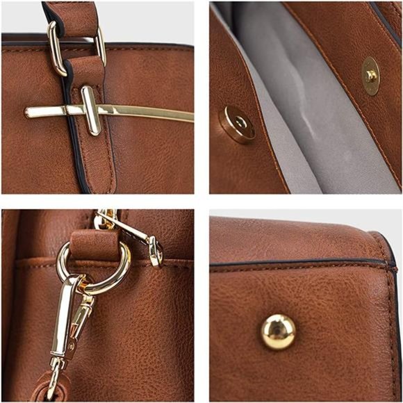 2 Pcs Vegan Leather Women Handbag Wallet Tote Bag Shoulder Bag w/ 3 Compartments - Picture 4 of 5